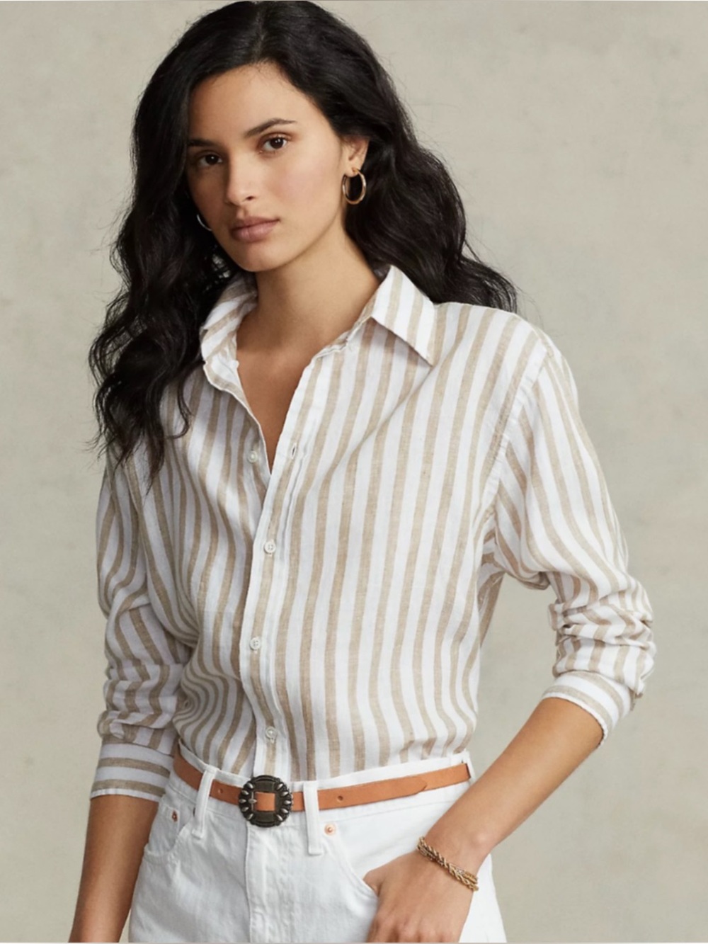 POLO RALPH LAUREN | Relaxed Fit Striped Linen Shirt In Camel/White, Size Small